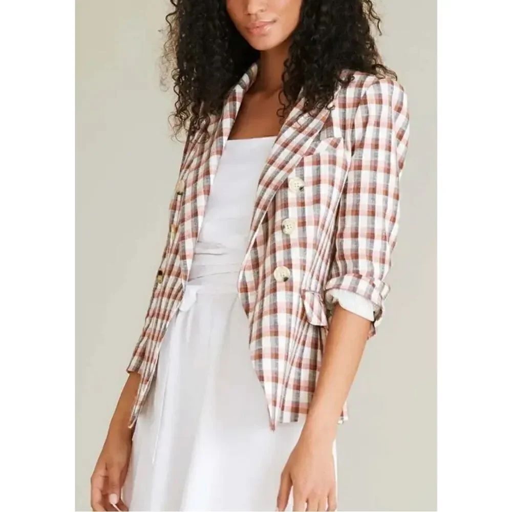 Joie Anilah Empire Double Breasted Brown Plaid Blazer NWT Sz S